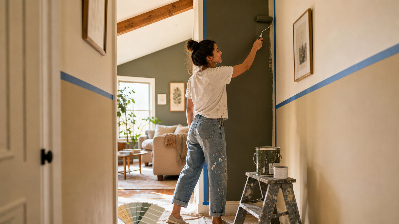 Mulher a pintar parede de interior com rolo, ambiente acolhedor e decoração moderna numa sala.