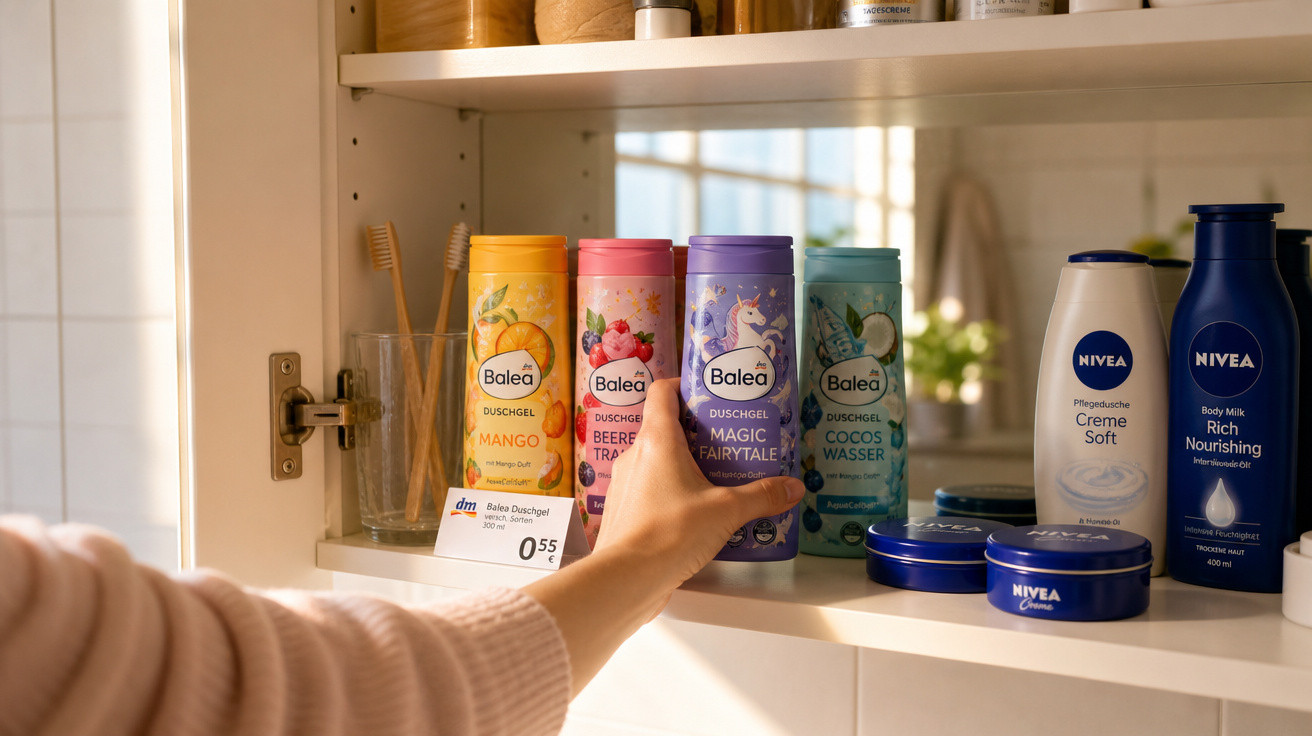 Prateleira de armário com produtos de higiene pessoal, incluindo gel de banho Balea e cremes Nivea.