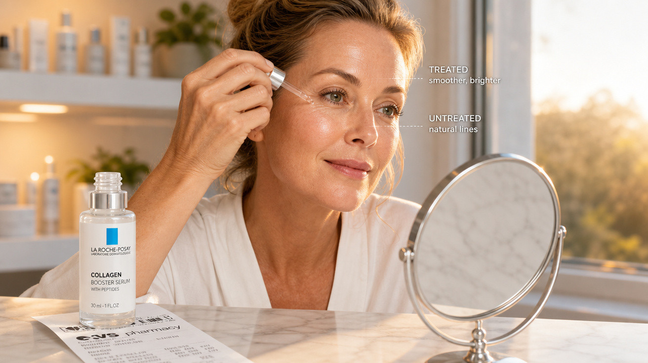 Mulher a aplicar sérum facial anti-idade junto a espelho, com rótulo do produto La Roche-Posay em destaque.