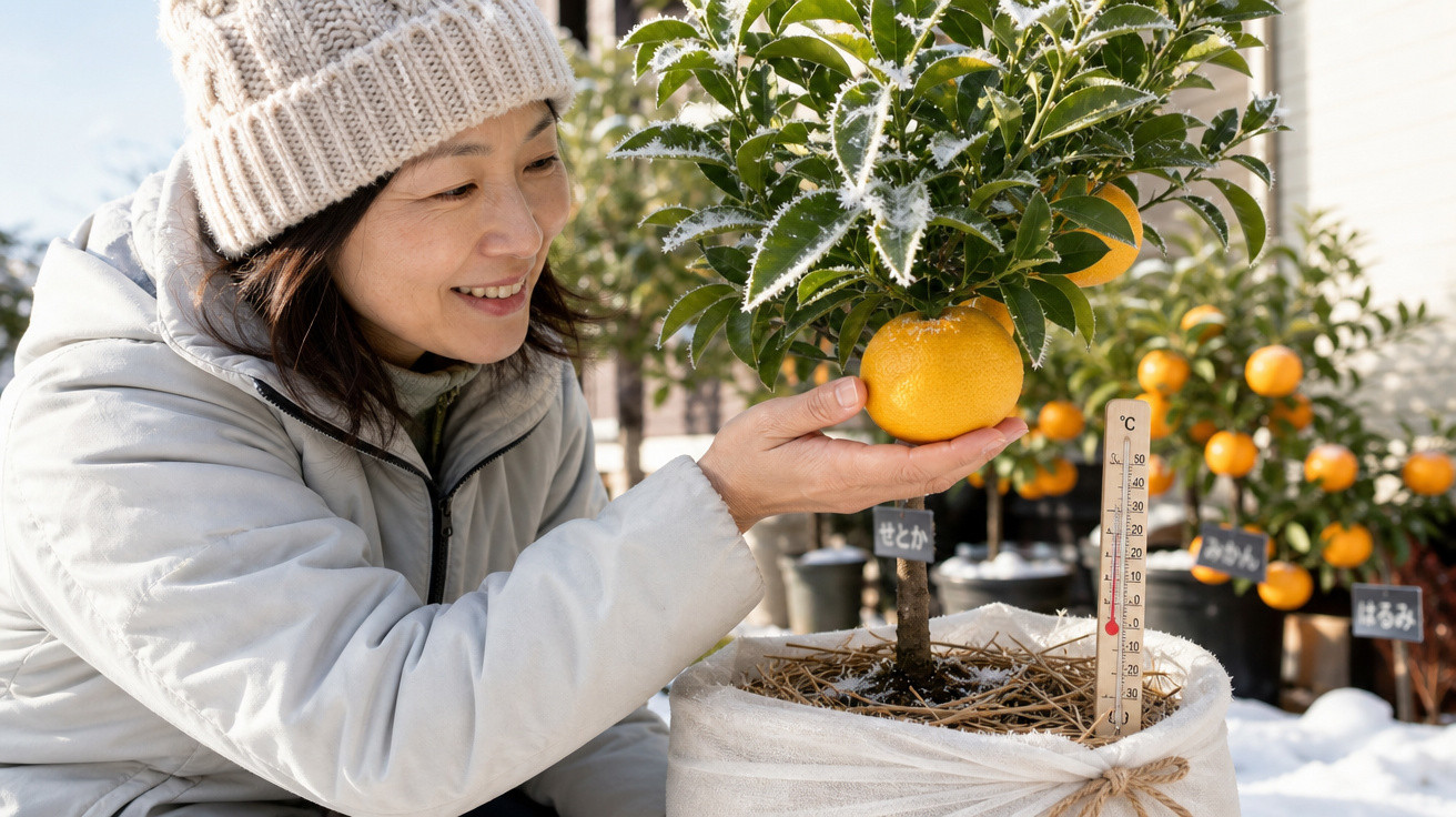 Mulher de gorro branco verifica temperatura de planta de citrinos cobertos de geada no exterior.