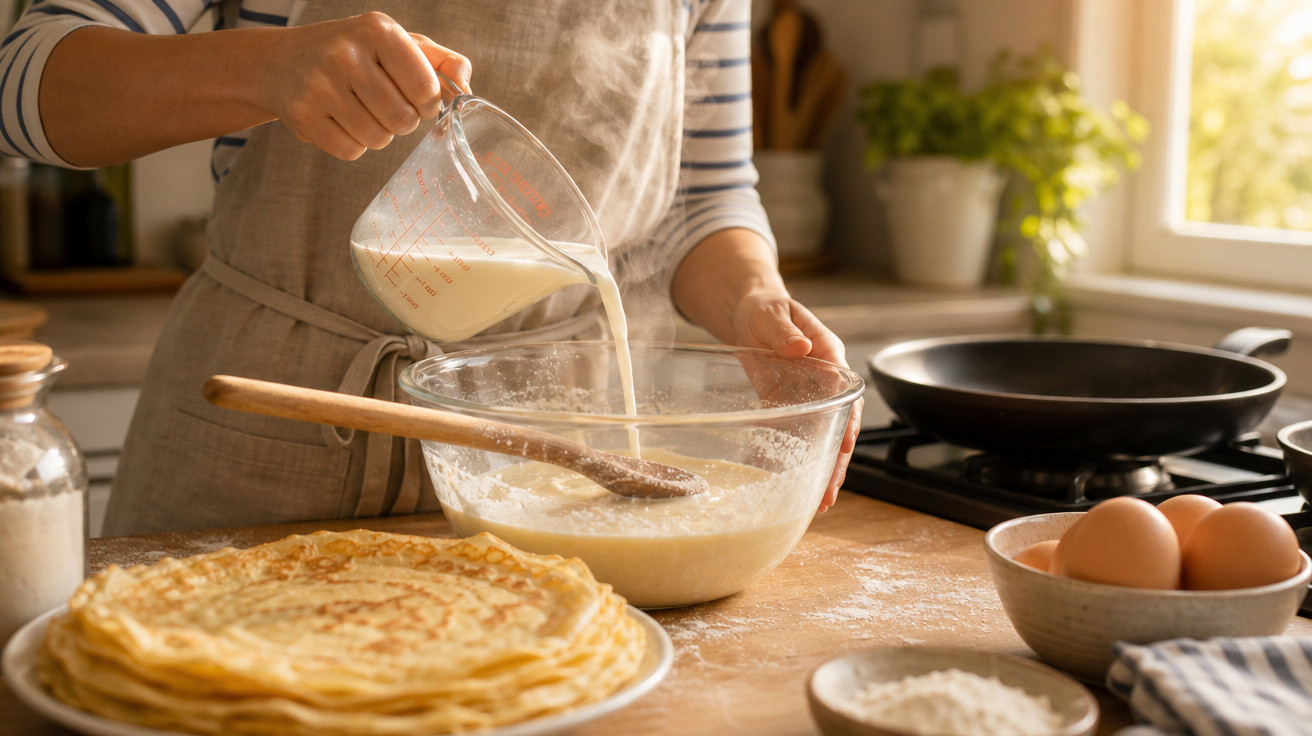 Pessoa a preparar massa de crepes numa cozinha com ingredientes e crepes prontos sobre a bancada.