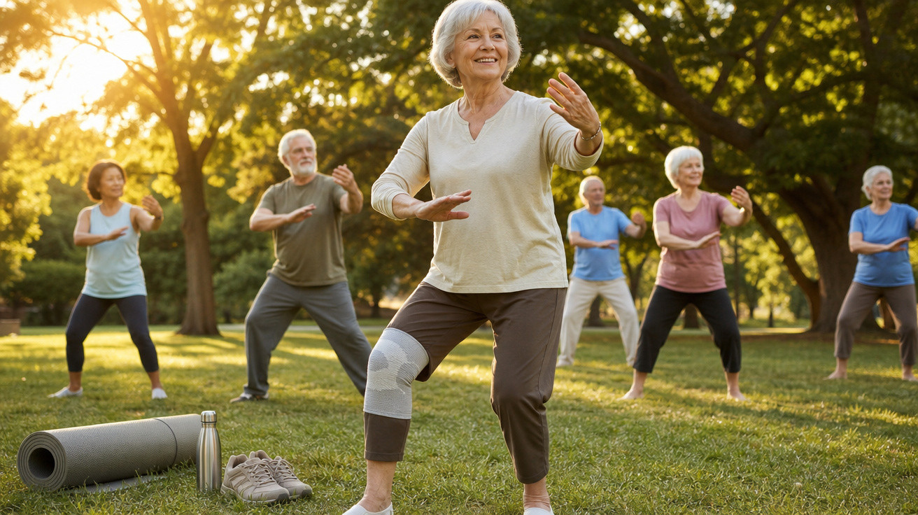 Grupo de seniores a praticar exercícios de tai chi num parque ao ar livre ao pôr do sol.