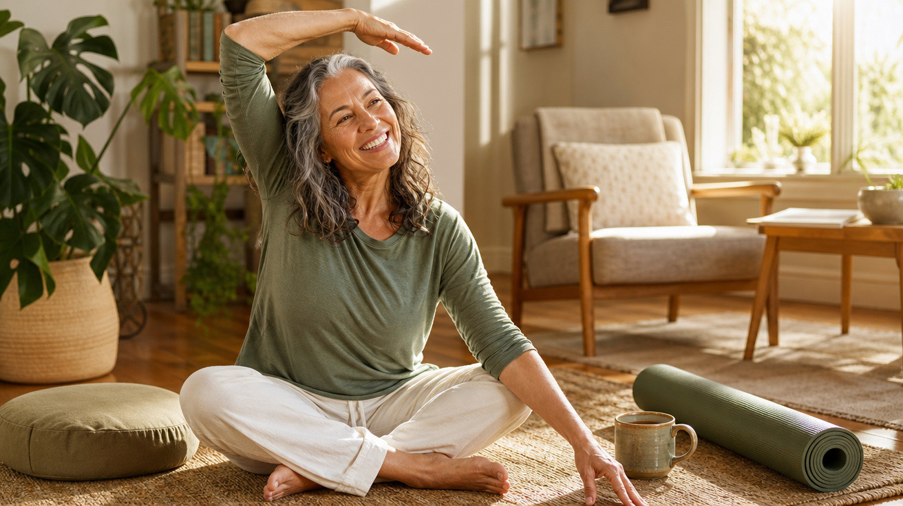 Mulher sénior a fazer alongamentos sentada no chão da sala, com tapete, yoga mat e chá ao lado.