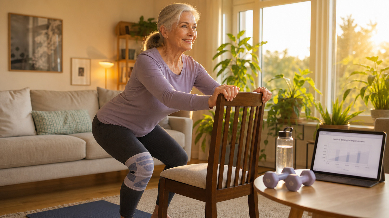 Mulher idosa a fazer exercício com cadeira, rodeada de plantas num ambiente acolhedor e iluminado.