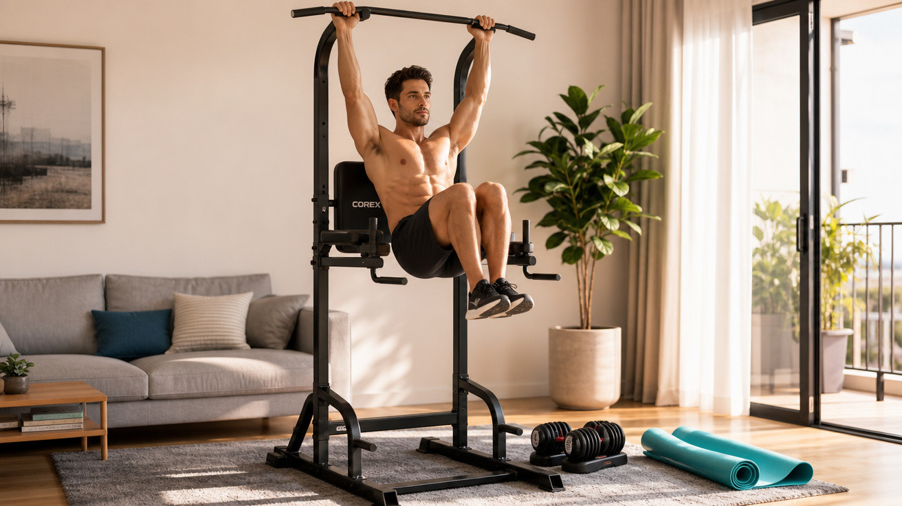 Homem sem camisa a fazer exercícios de elevação de pernas em máquina de ginásio em sala de estar iluminada.