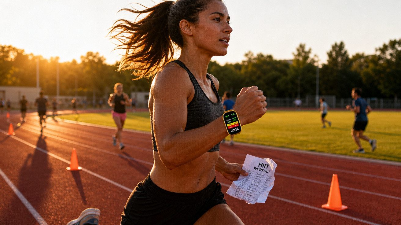 Mulher a correr numa pista de atletismo ao pôr do sol com papel e smartwatch no pulso.