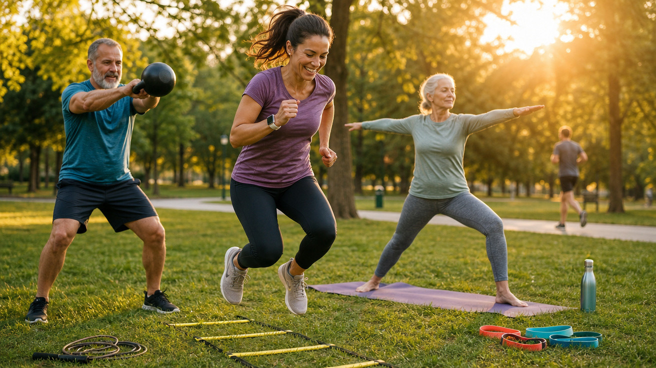 Três pessoas de diferentes idades a praticar exercícios físicos ao ar livre num parque ao pôr do sol.
