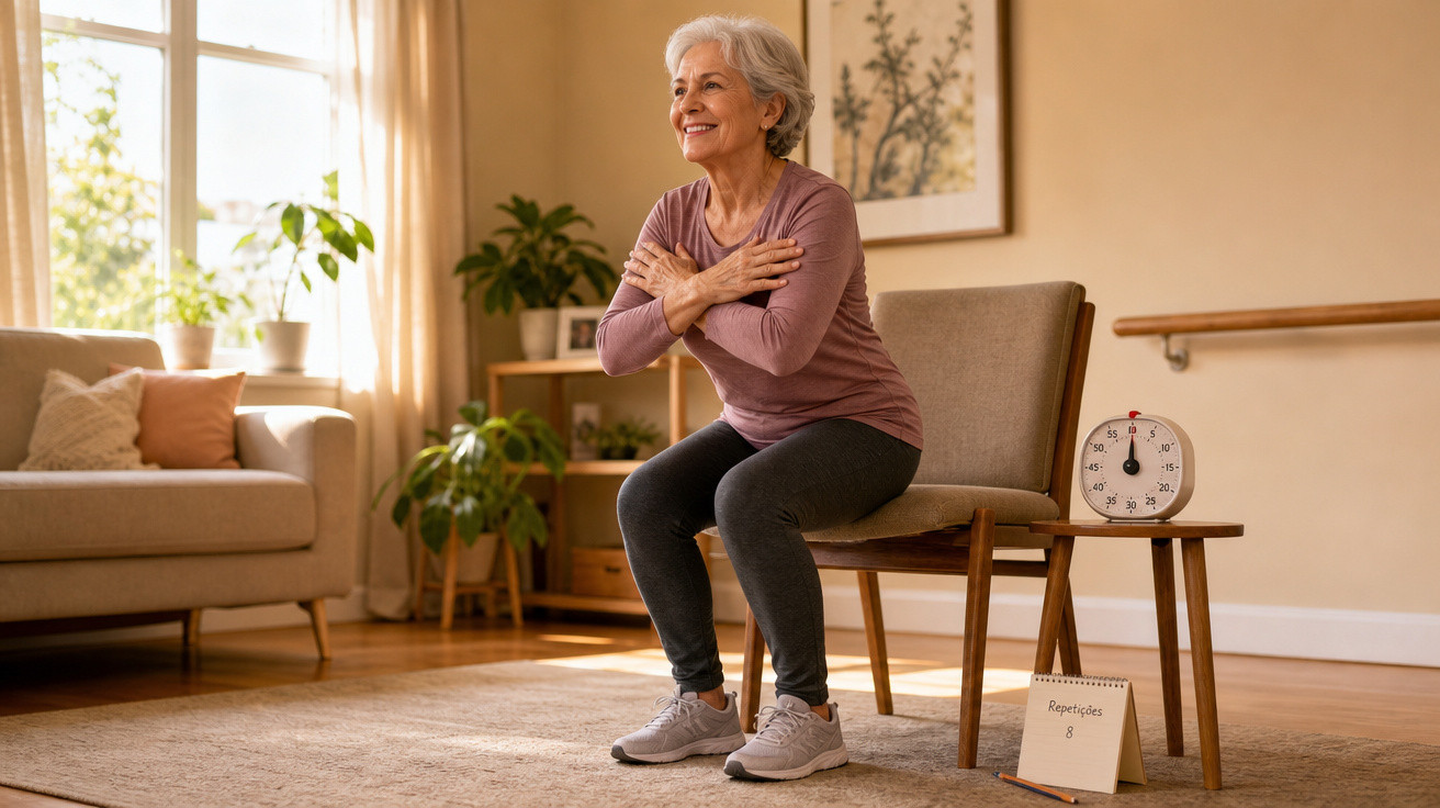 Mulher idosa a fazer exercícios sentada numa cadeira numa sala acolhedora e iluminada.