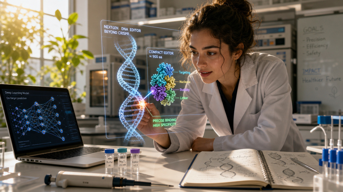 Mulher cientista em laboratório a analisar ilustração digital de estrutura de DNA e proteína.