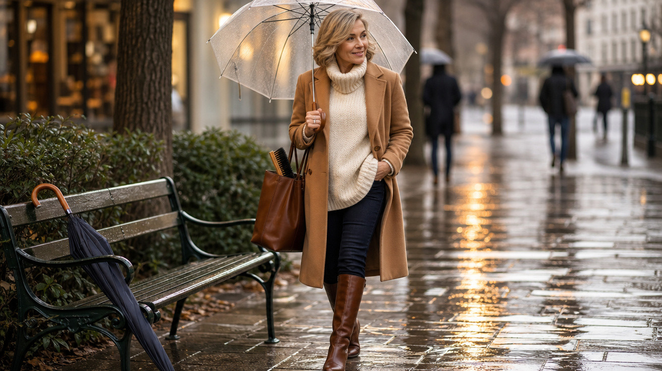 Mulher sorridente com casaco castanho e guarda-chuva transparente numa rua molhada e iluminada ao entardecer.