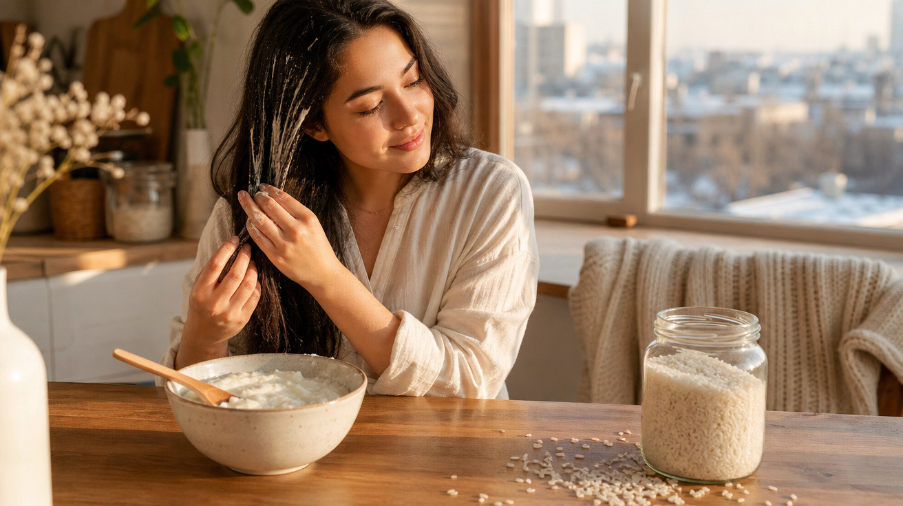 Mulher aplica máscara caseira de aveia no cabelo sentada à mesa numa cozinha com luz natural.