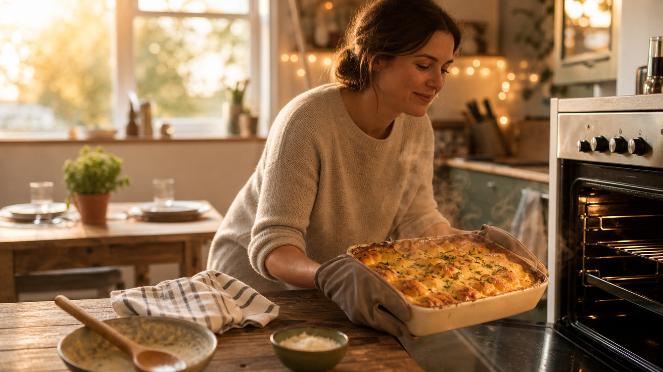 Mulher a retirar uma lasanha quente do forno numa cozinha iluminada pela luz natural.