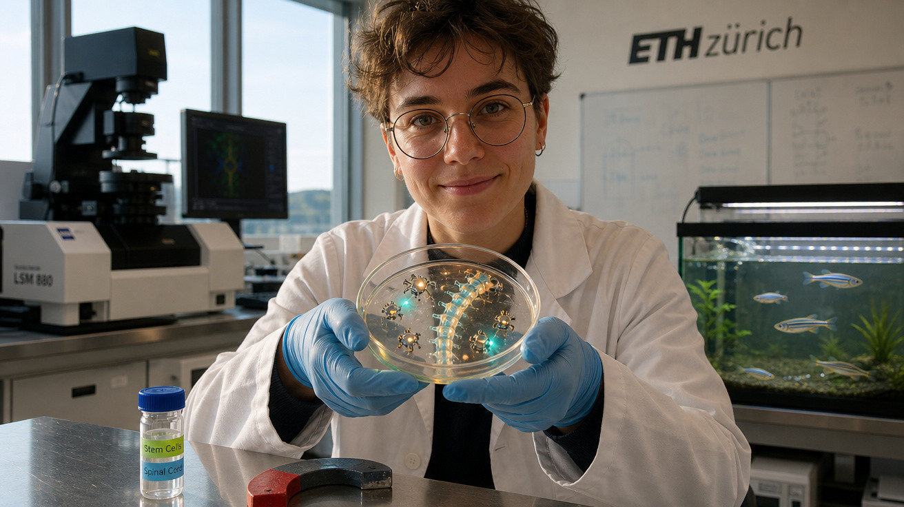 Investigadora em laboratório segura placa de Petri com pequenos robôs em formato de centopéia luminosos.