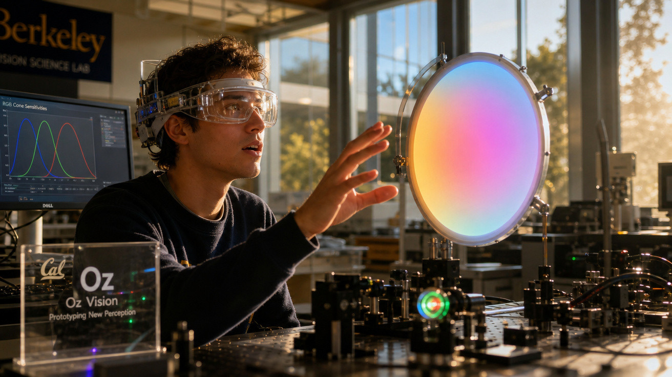 Jovem com óculos de proteção manipula equipamento óptico científico numa sala de laboratório iluminada.
