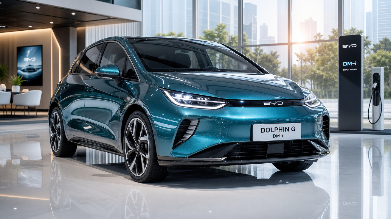 Carro elétrico BYD Dolphin G azul mostrado em salão moderno com estação de carregamento ao fundo.