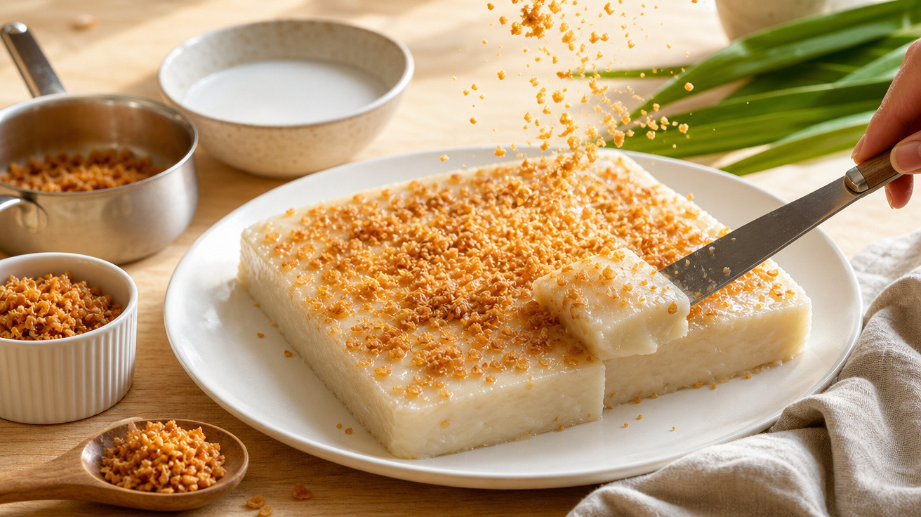 Doce quadrado branco com granulado dourado servido num prato branco sobre uma mesa de madeira clara.