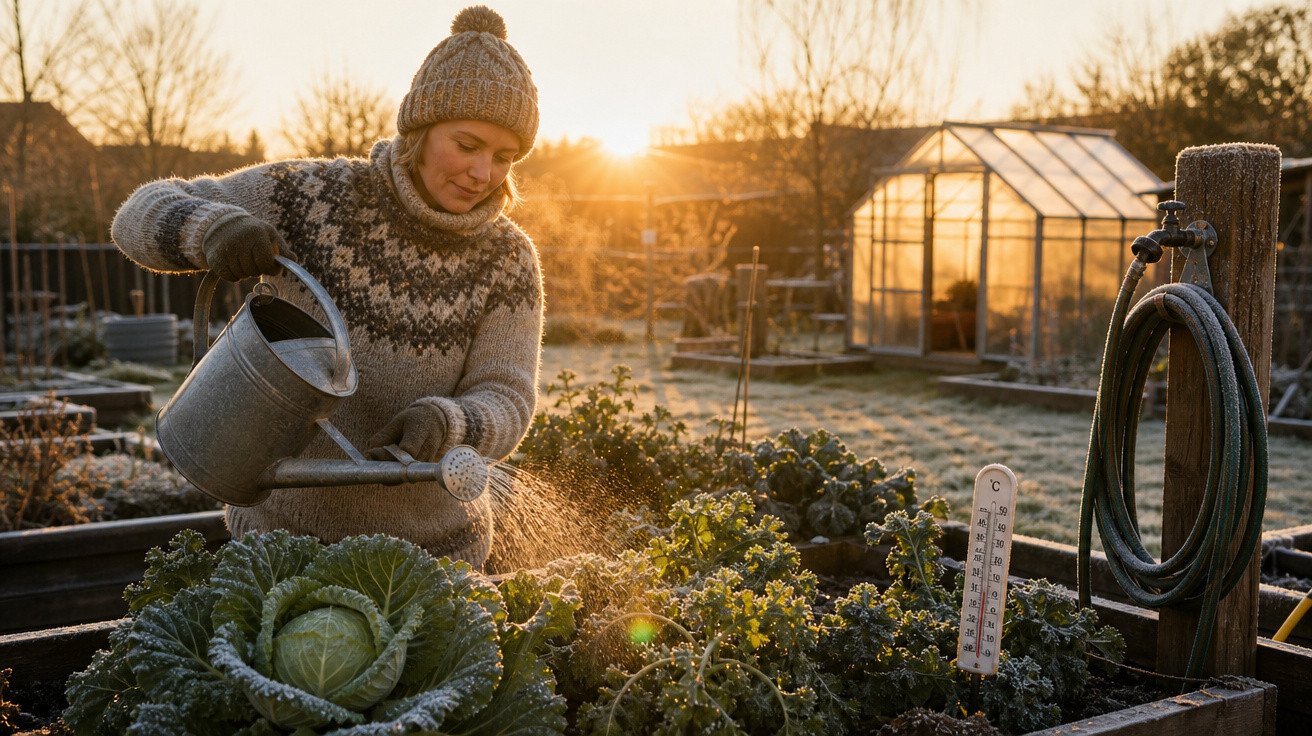 Mulher com gorro e camisola grossa rega plantas numa horta ao nascer do sol, com estufa e termómetro ao fundo.