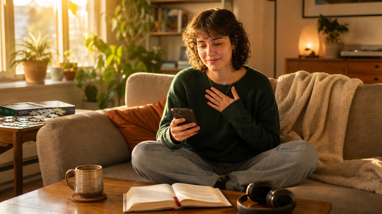 Jovem sentada no sofá a ler mensagens no telemóvel, com livro aberto e chá na mesa à frente.