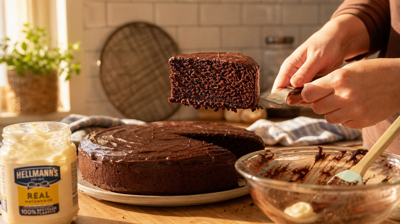 Bolo de chocolate caseiro num prato, uma fatia a ser levantada, com tigela e maionese Hellmann's na mesa.