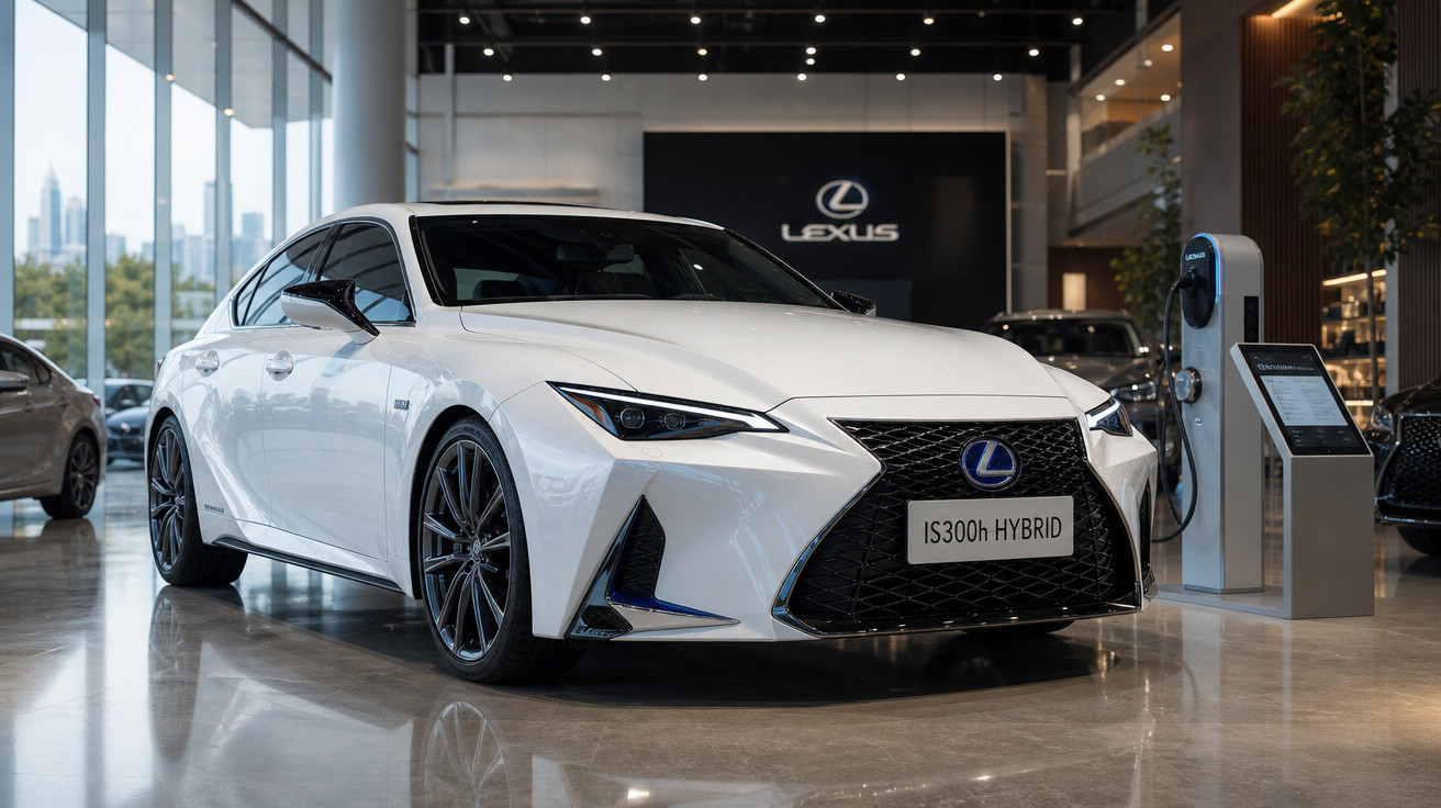 Automóvel branco Lexus IS300h híbrido em exposição numa loja moderna com carregador elétrico ao lado.