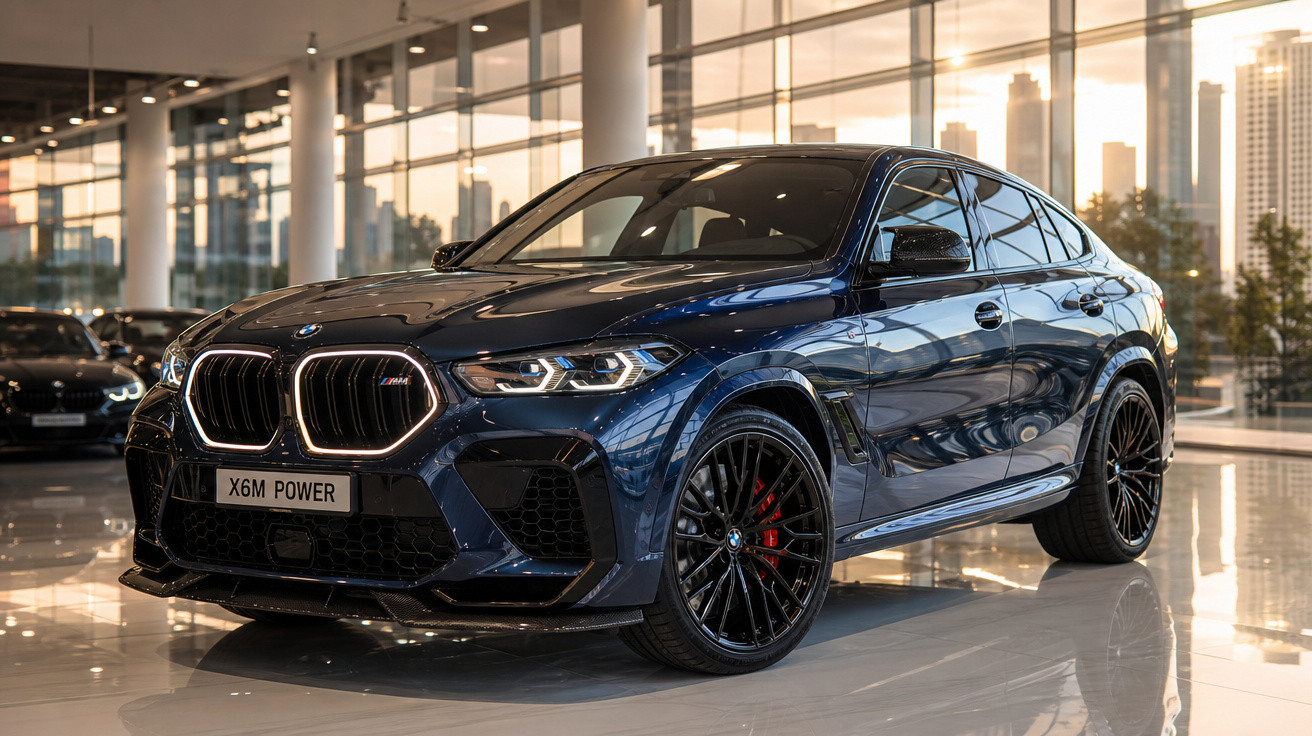 BMW X6M Power azul escuro estacionado em salão moderno com janelas amplas e luz natural ao pôr do sol.