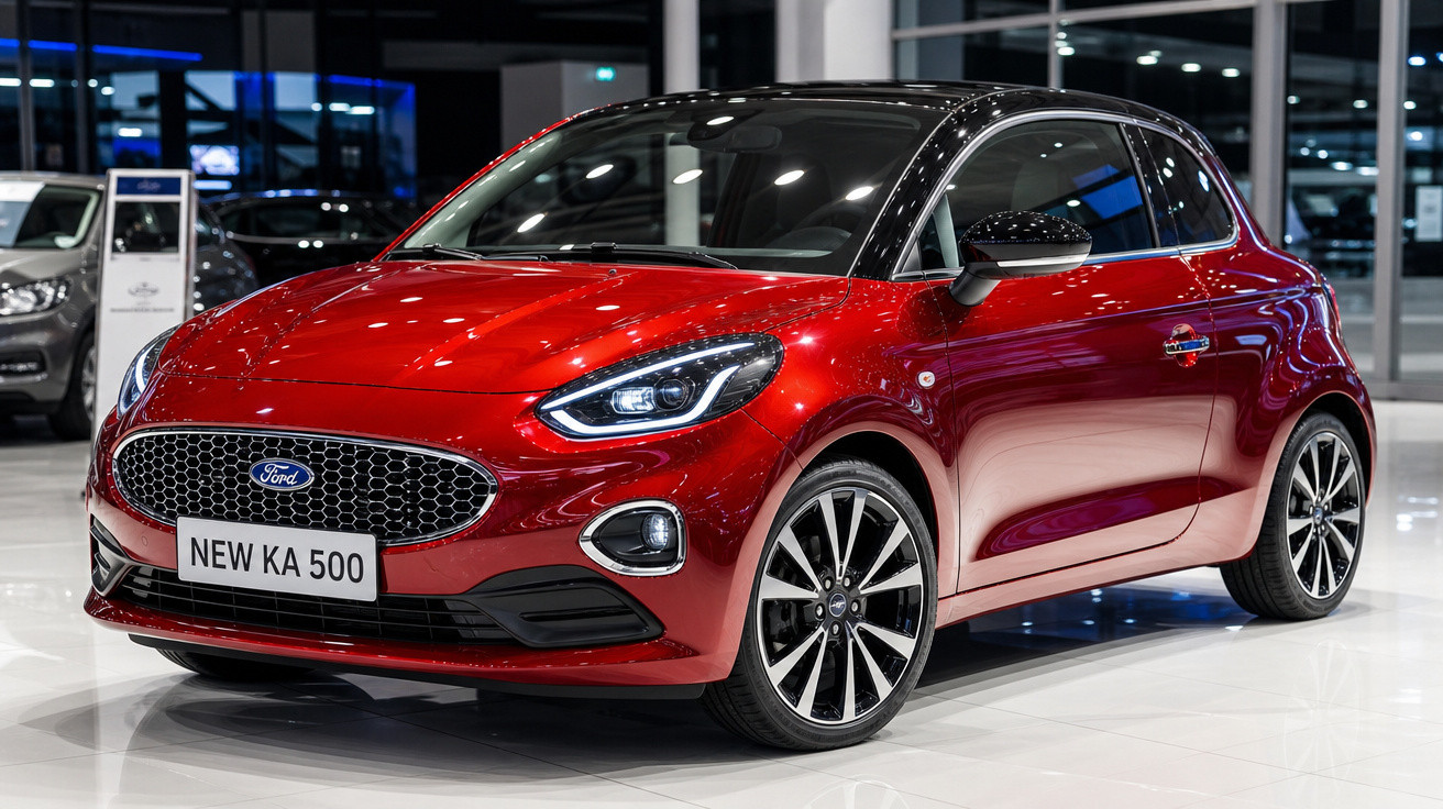 Ford New Ka 500 vermelho exposto em showroom moderno com teto preto e jantes desportivas.