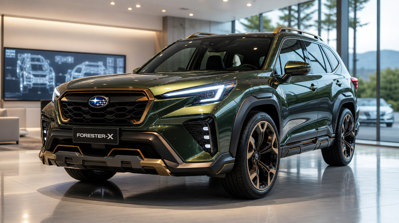 Subaru Forester-X verde em exposição interior com design robusto e detalhes dourados.