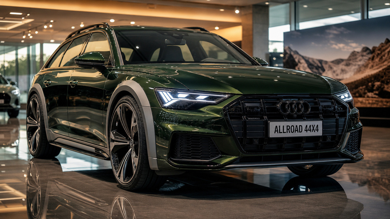 Automóvel Audi Allroad 44x4 verde escuro estacionado em showroom com faróis ligados.