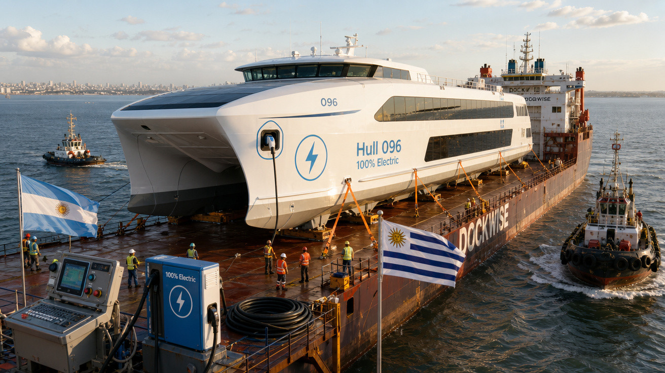Ferry elétrico Hull 096 a ser transportado num navio cargueiro com trabalhadores e bandeiras do Uruguai e Argentina.