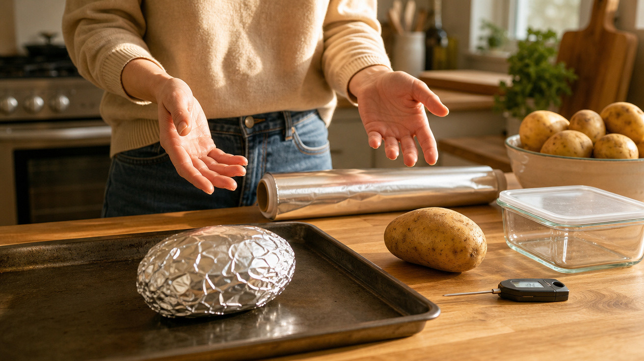 Pessoa na cozinha a preparar batatas com folha de alumínio, tabuleiro e termómetro de cozinha sobre a mesa.