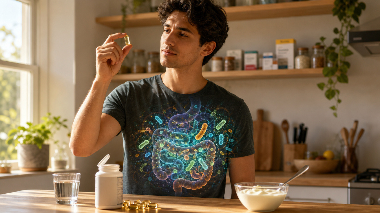 Homem a segurar cápsula, representando probióticos para saúde intestinal, numa cozinha clara e organizada.