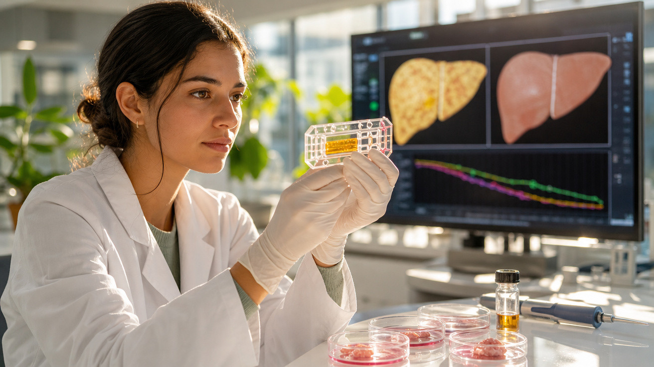 Investigadora em laboratório examina espécime com imagens de fígado em ecrã ao fundo.