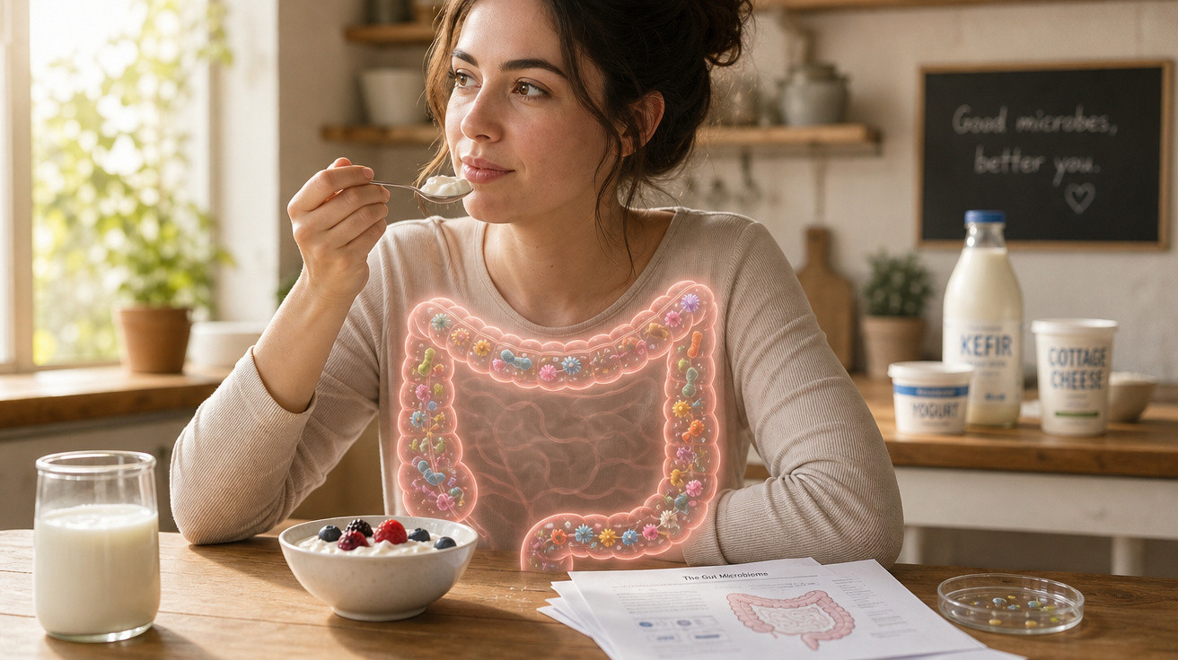 Mulher a comer iogurte com frutas, com ilustração do intestino e produtos lácteos na mesa.