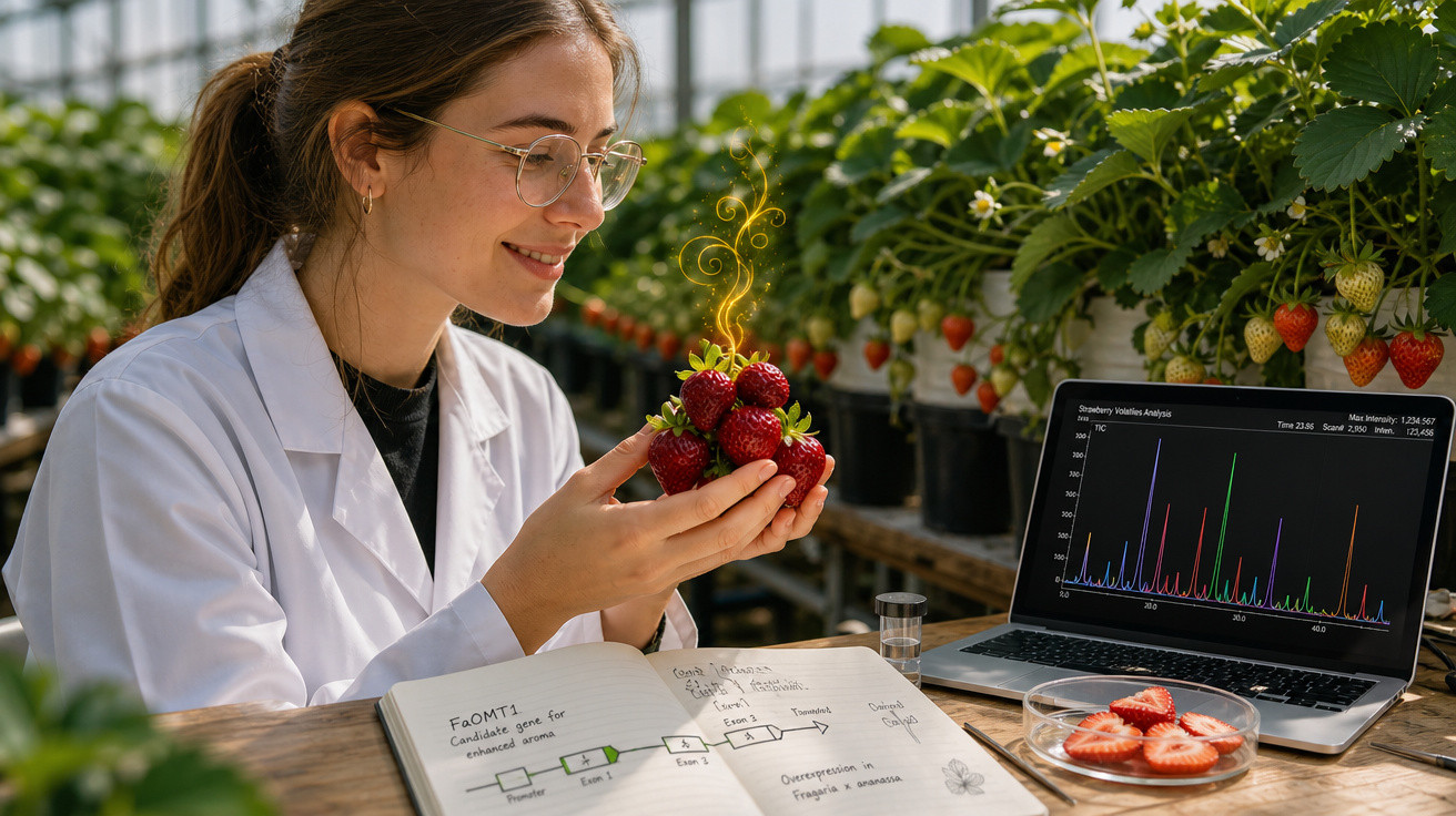 Mulher em laboratório com bata branca analisa morangos frescos perto de caderno e computador com gráficos.
