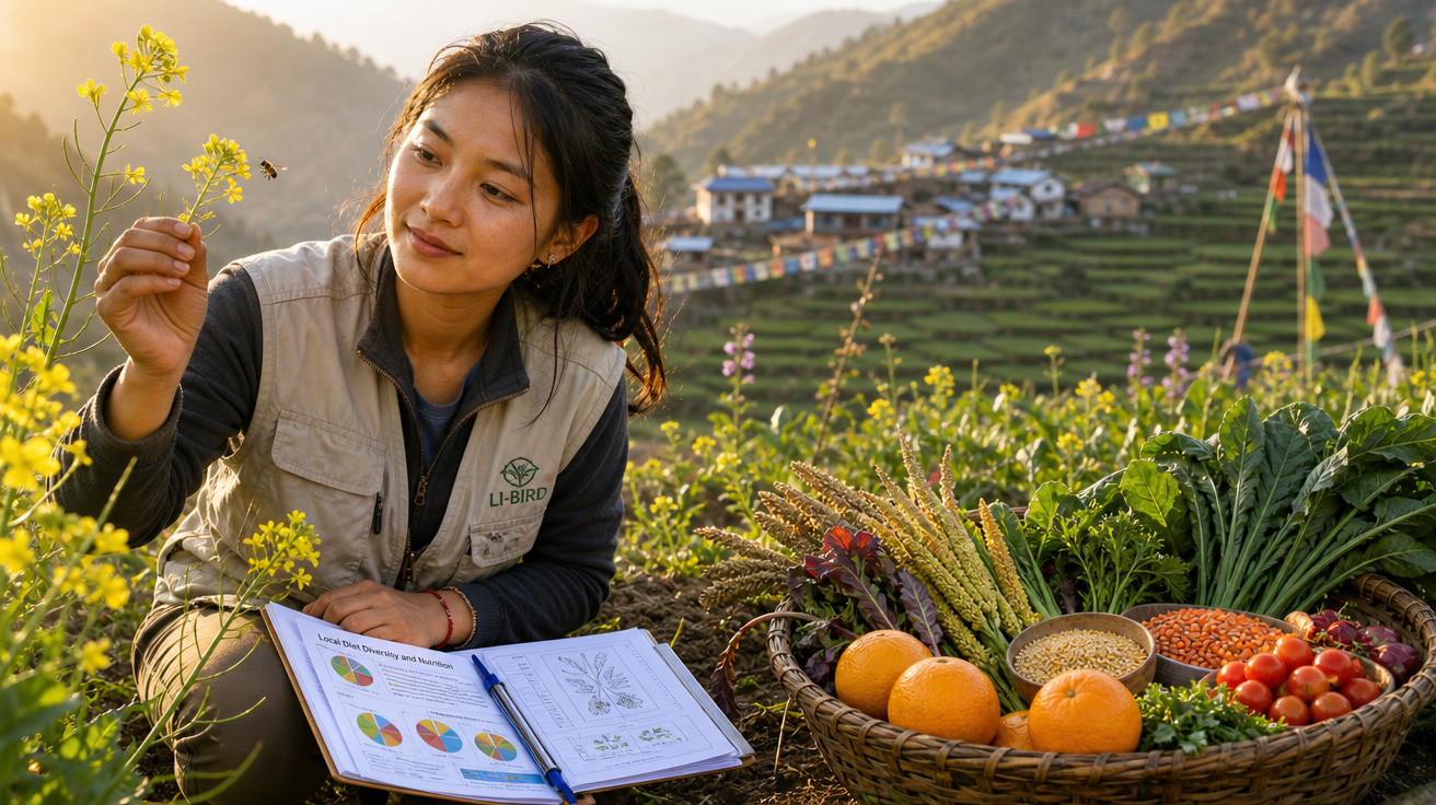 Mulher analisa planta com cesta de frutas, legumes e grãos, em campo agrícola com montanhas ao fundo.