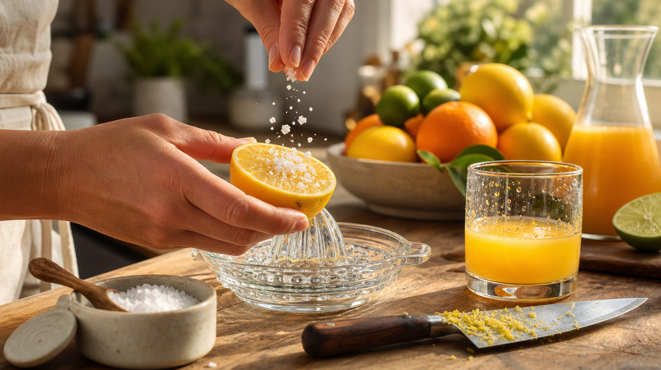 Pessoa a espremer limão com sal num espremedor de vidro numa bancada de cozinha com fruta e sumo.