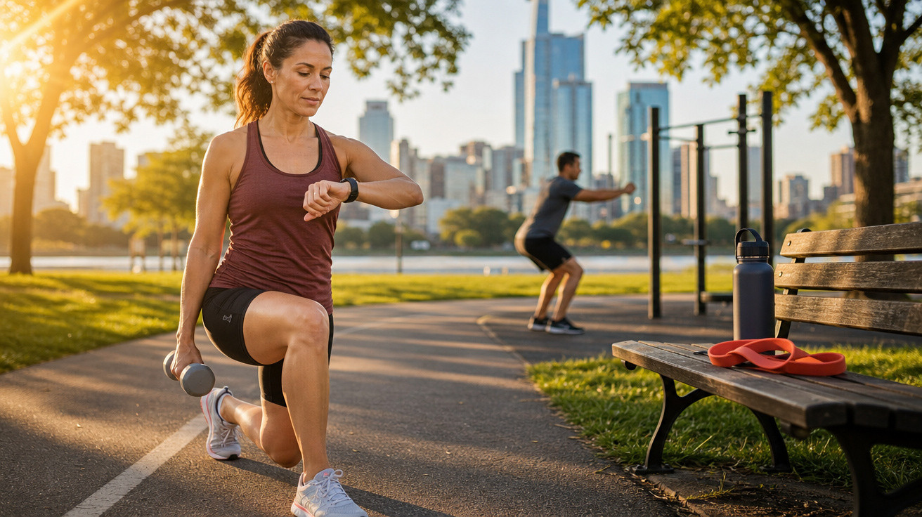Mulher a fazer exercício ao ar livre numa pista, com haltere na mão e homem a fazer agachamentos ao fundo.