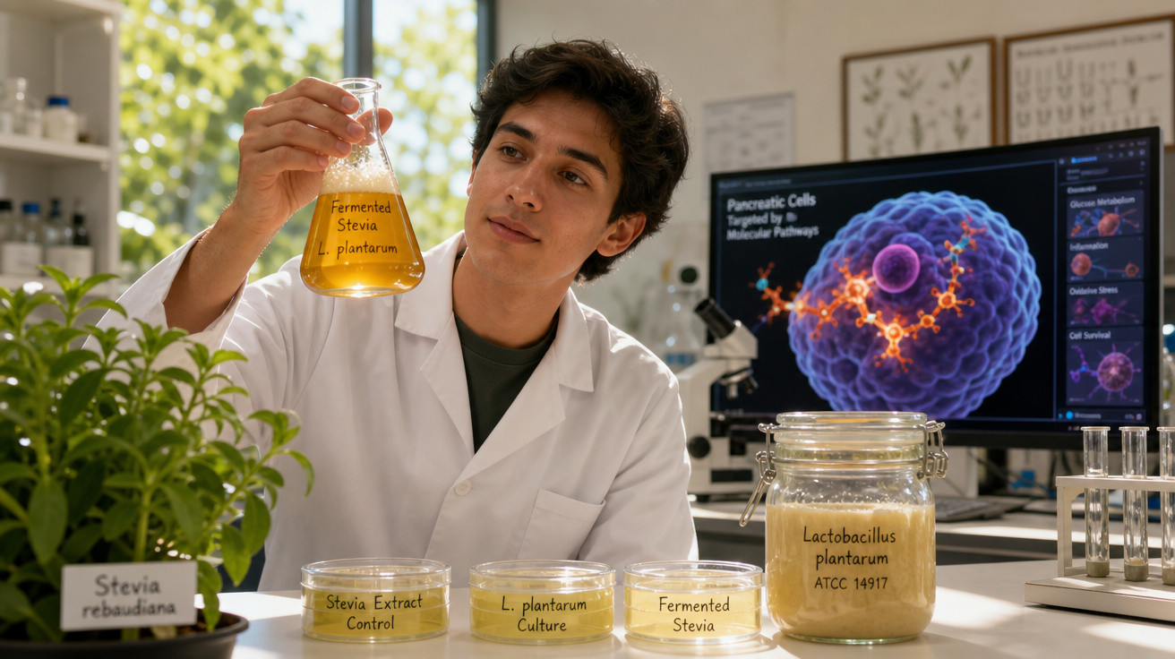 Homem em bata branca observa líquido em frasco num laboratório com plantas e cultura de bactérias à sua frente.