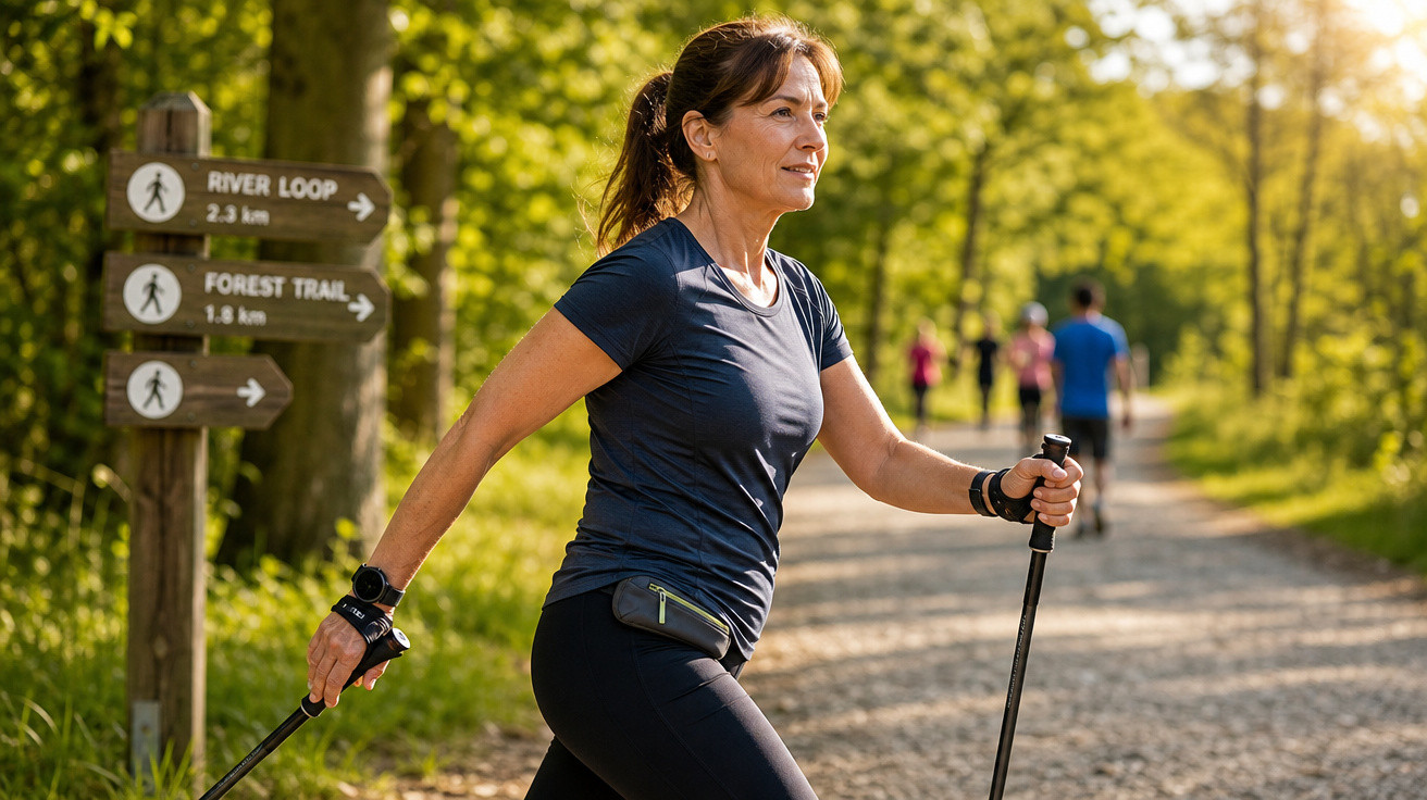 Mulher em roupa desportiva a alongar braços com bastões de caminhada num trilho florestal ensolarado.