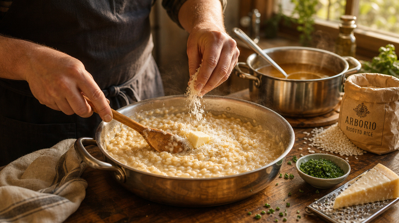 Pessoa a cozinhar risotto com arroz arbóreo, manteiga e queijo parmesão numa frigideira grande.