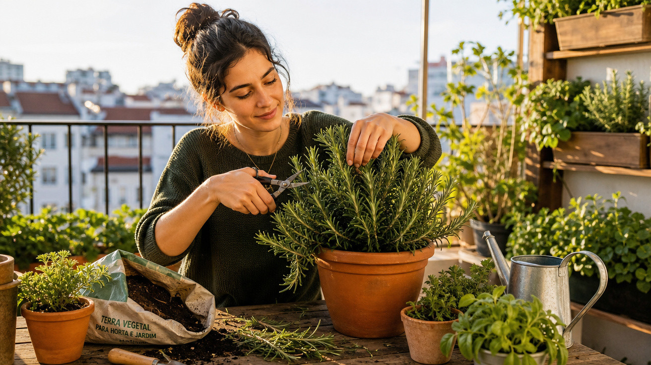 Mulher a cuidar de plantas num terraço ensolarado com várias ervas aromáticas em vasos.