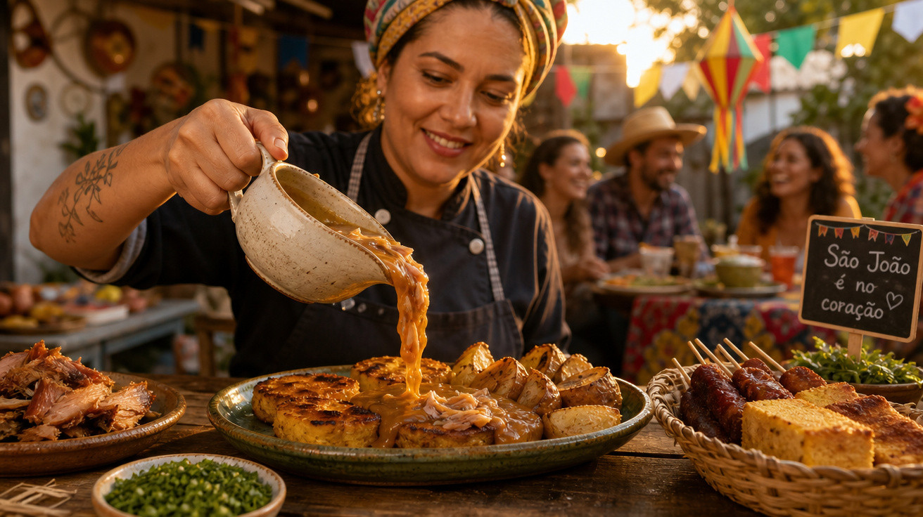 Mulher a servir comida numa festa tradicional de São João com decoração e pratos típicos à mesa.