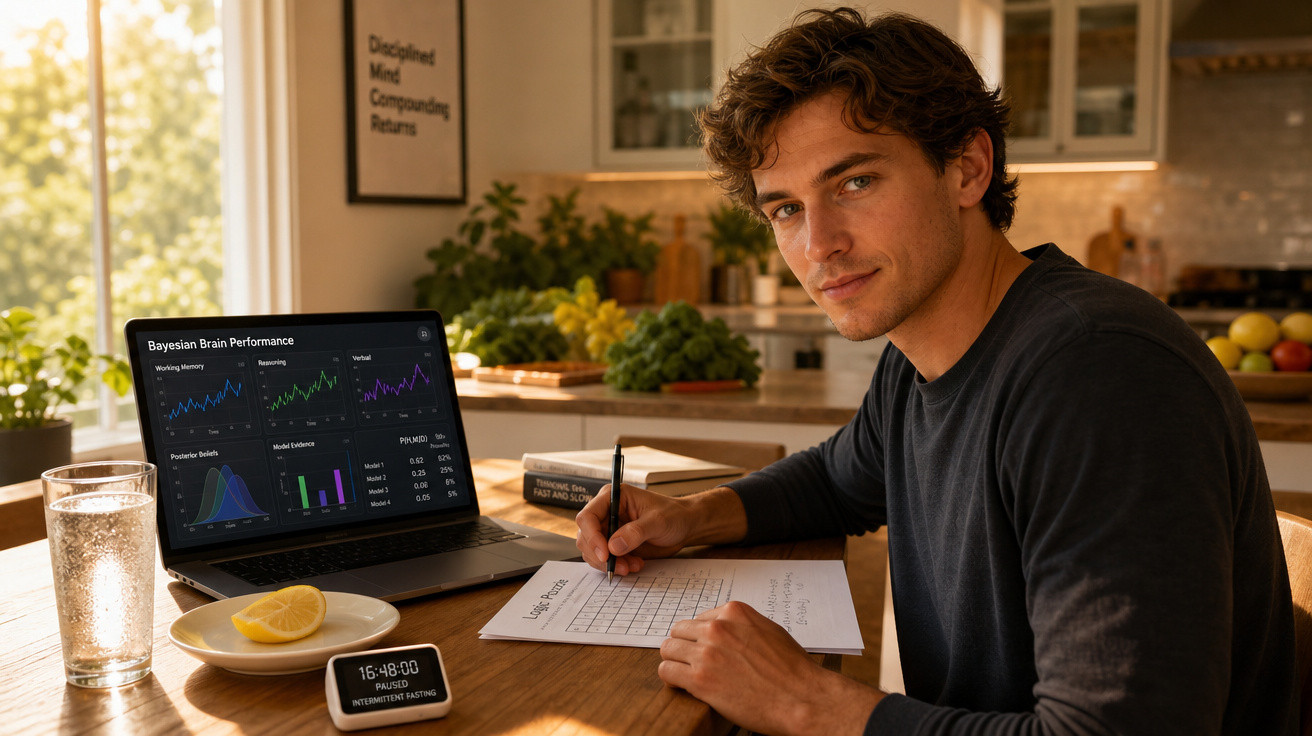 Homem jovem sentado à mesa a fazer anotações com laptop aberto mostrando gráficos de desempenho cerebral.