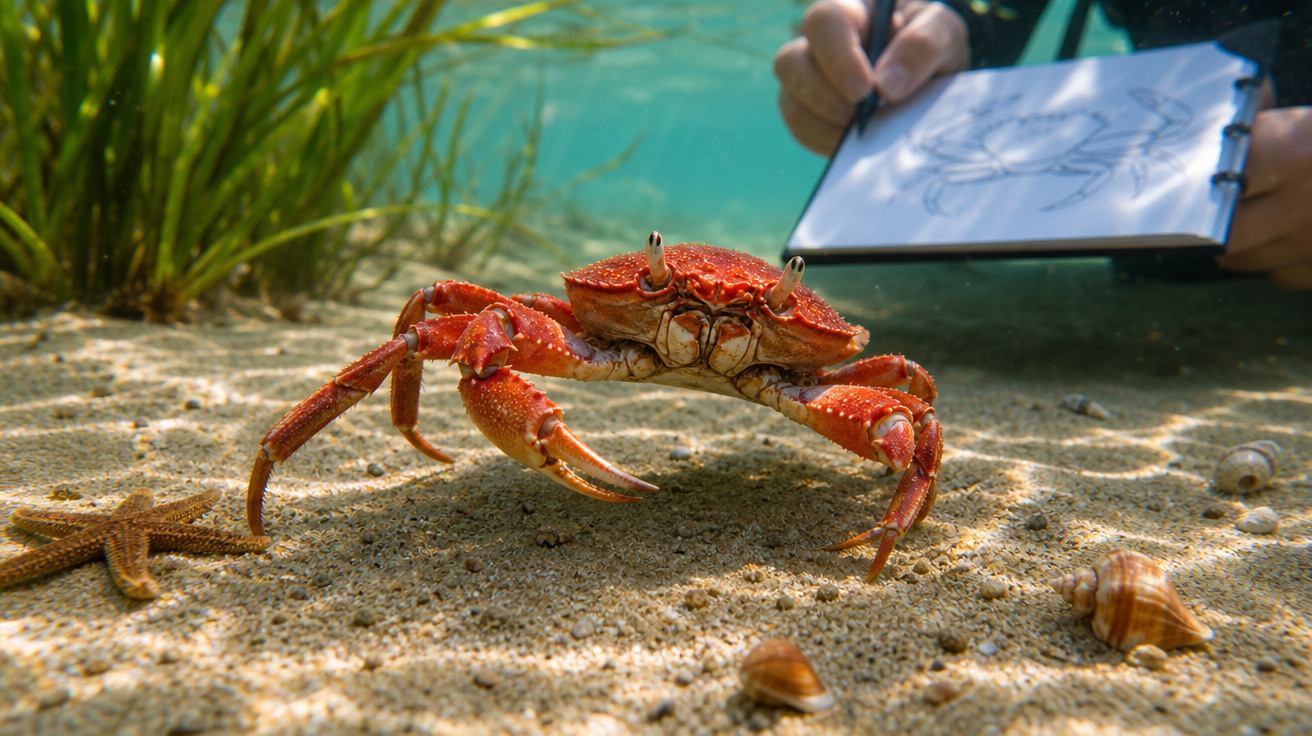 Caranguejo vermelho no fundo arenoso do mar com uma estrela-do-mar e uma pessoa a desenhar num caderno subaquático.