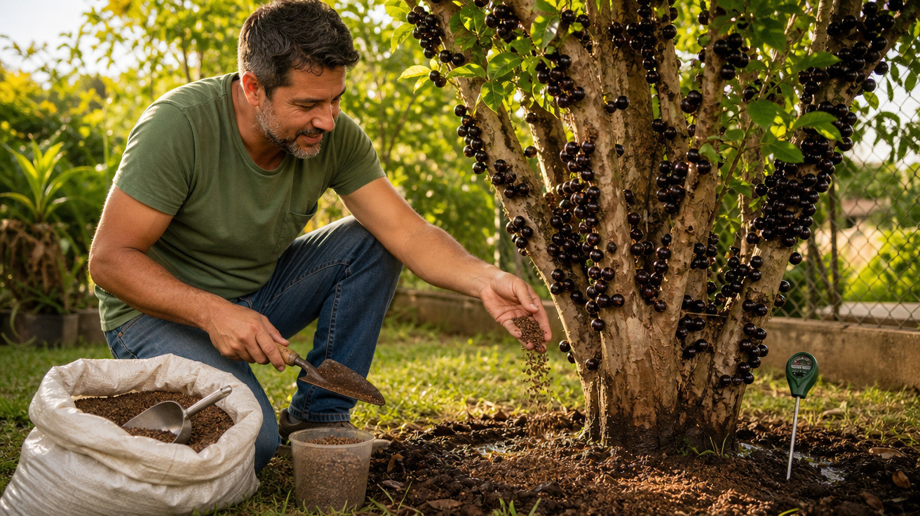 Homem de camisa verde aduba a planta de jabuticaba num jardim ensolarado.