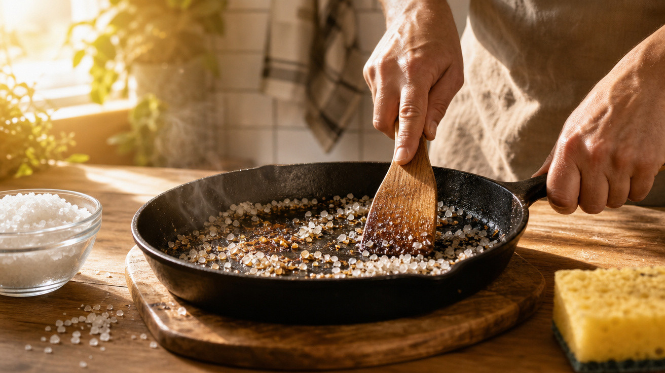 Pessoa a mexer sal grosso numa frigideira preta numa cozinha iluminada pelo sol.