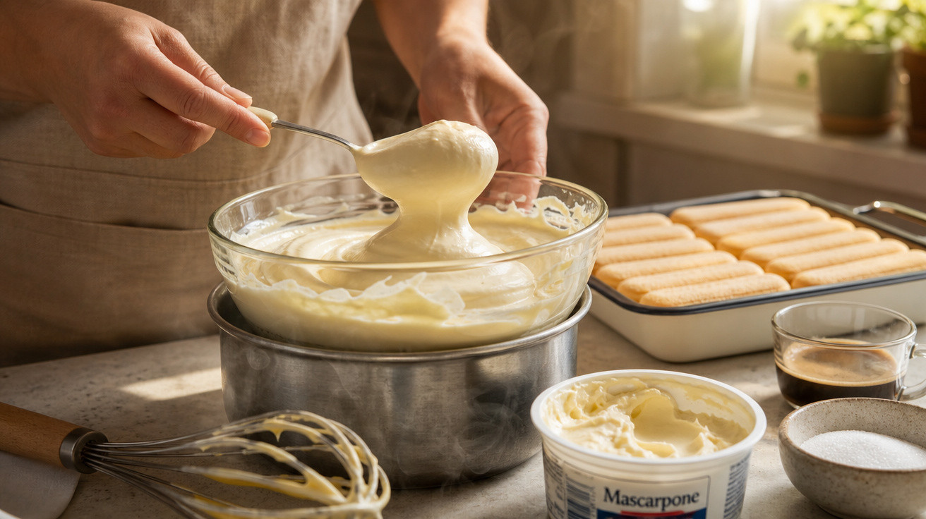 Pessoa a preparar creme de mascarpone numa tigela, com bolachas e café ao lado numa bancada de cozinha.