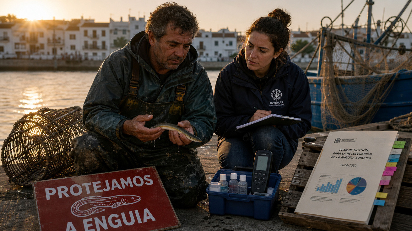 Dois investigadores junto a um porto, analisando uma enguia e documentos sobre a recuperação da enguia europeia.