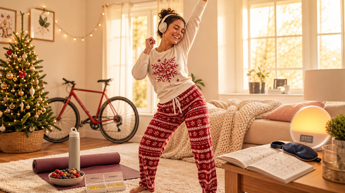 Mulher alegre a dançar em pijama natalício, com auscultadores numa sala luminosa decorada com árvore de Natal.