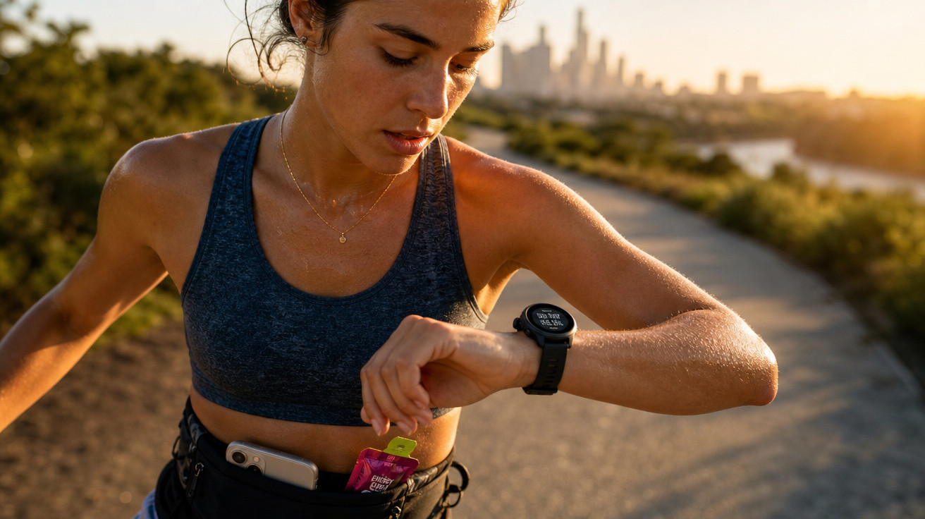 Mulher a correr ao ar livre ao pôr do sol, a verificar o relógio e a pegar num gel energético.